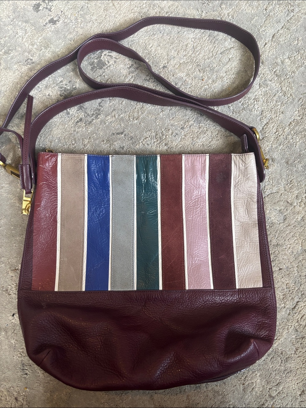 Fossil Burgundy Leather Crossbody with Multi-Color Vertical Stripes